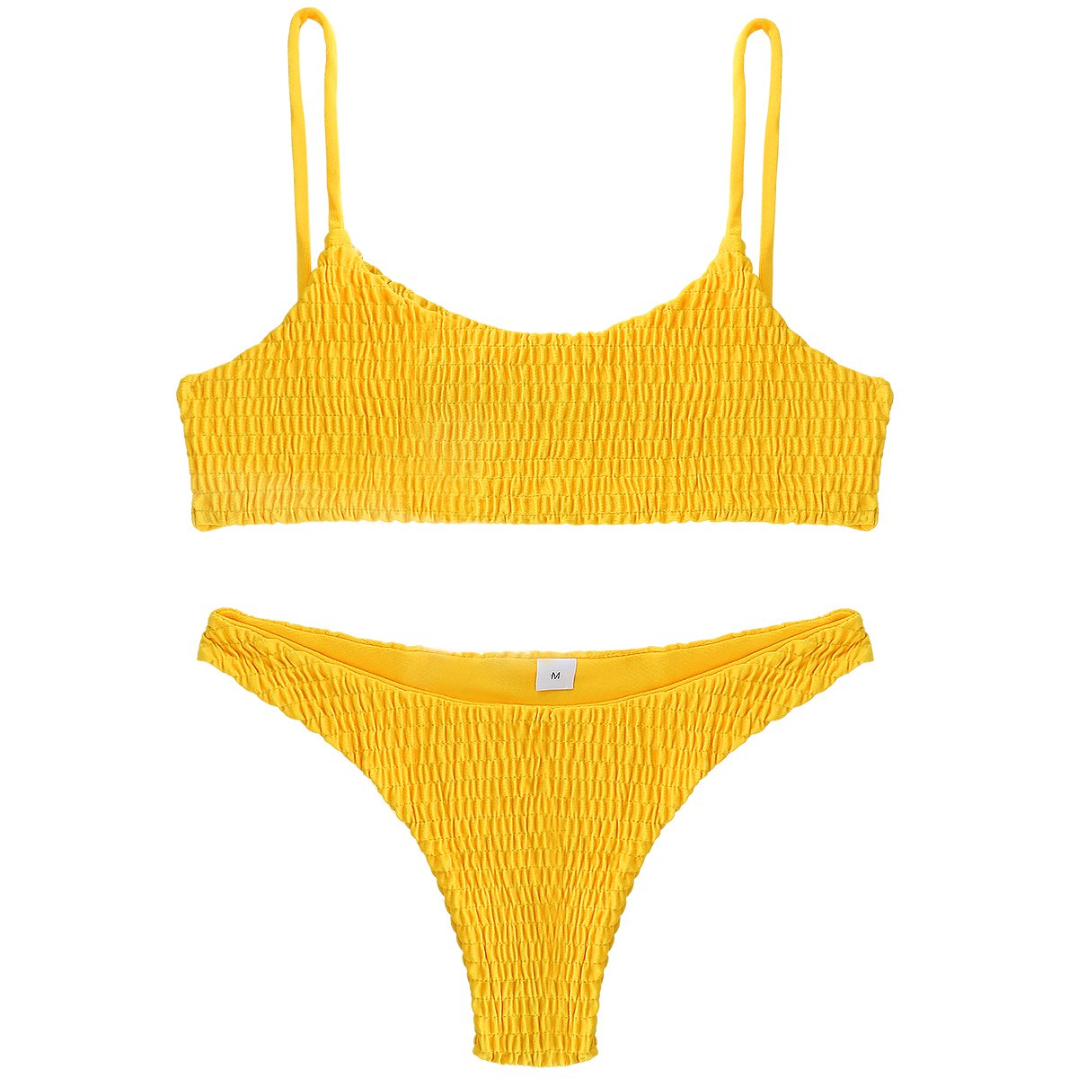 QEETUNG Women\'s Bikini Two Piece Solid Color Sexy Pleated Triangle Swimsuit Bikini Sets Beachwear Top Bottom Set (Yellow, M(US 2-4. Cup Size: B-C))
