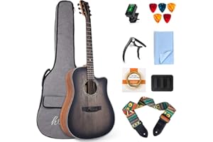 lotmusic 41 Inch Acoustic Guitar Full-size Dreadnought Professional Cutaway Folk Guitarra Bundle 6 Metal Strings with Beginner Kit (Gig Bag, Tuner, Strap, Picks all accessories