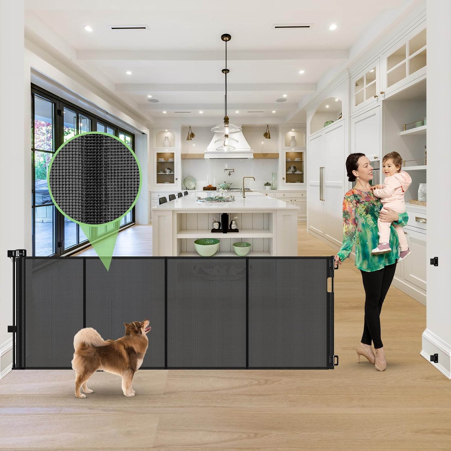 Photo 1 of ***MISSING HARDWARE -SELLING AS IS *** Reinforced 120 Inch Retractable Baby Gates Extra Wide Dog Gate with Support Rods – Prevent Crawling Under, 10 Feet Extra Long Baby Gates for Large Openings, Indoor/Outdoor Retractable Dog Gate, Black