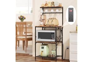 Korfile Kitchen Bakers Rack with Power Outlet, Small Coffee Bar Cart 4 Tiers, Microwave Stand Station with 8 S Hooks, Adjustable Shelf, Freestanding Kitchen Appliance Organizer, Rustic Brown