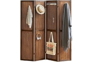 Leesinwing 4 Panel Room Dividers and Folding Privacy Screens, 5.6Ft Wooden Pegboard Display, Privacy Dividers for Bedroom, Portable Dispxlay Board Organizer for Store, Jewelry Display, Dark Brown