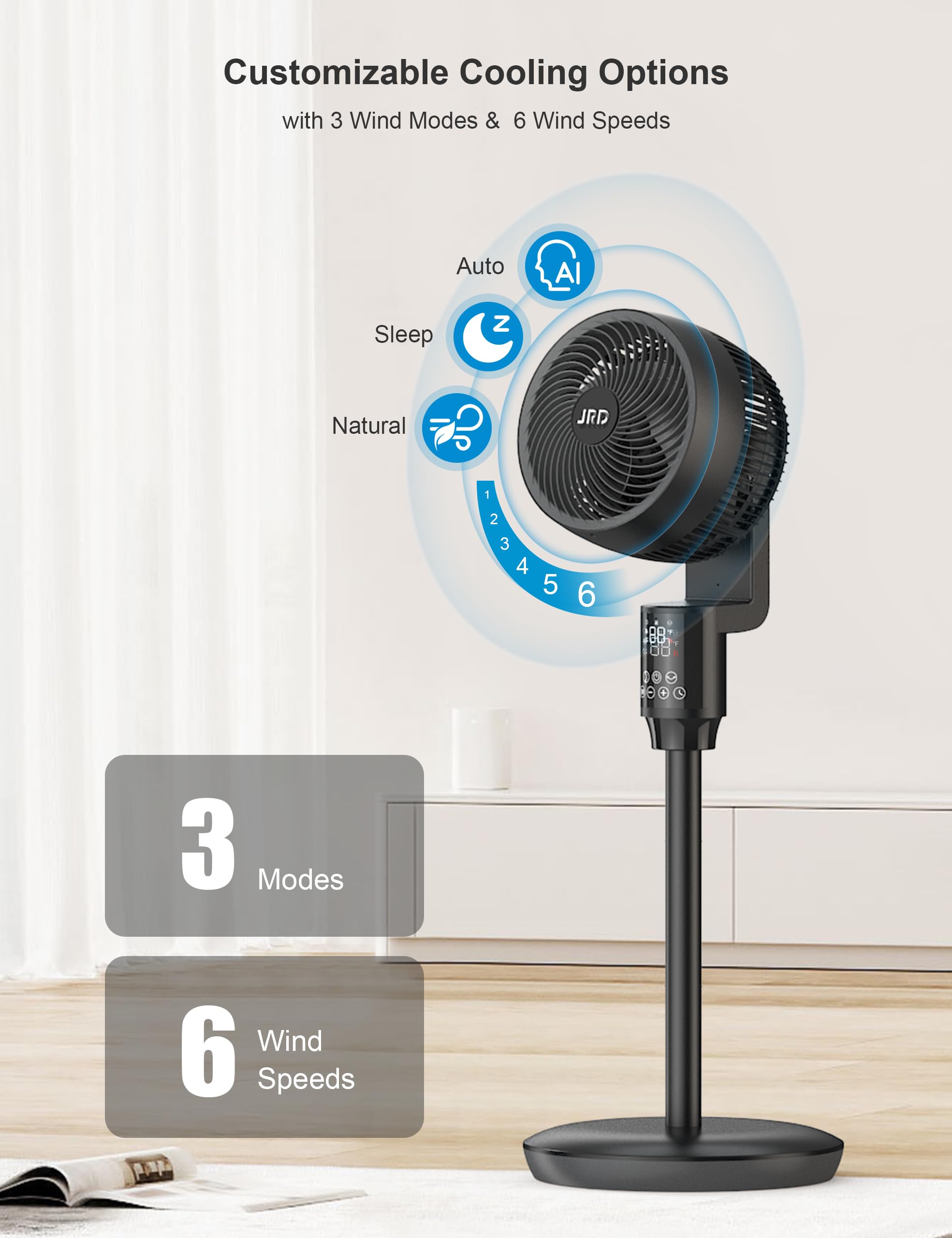 JRD Fan for Bedroom, 70° Oscillating Standing Fans, Quiet Floor Fan, 100ft Pedestal Fans for Room, 6 Speeds, 3 modes,90° Manual Vertical, 19-38