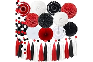InBy 29pcs Red Black White Mickey Minnie Mouse Ladybug Birthday Wedding Baby Shower Bachelorette Party Decoration Kit - 12" 10" Tissue Paper Pom Pom, Tassel Garland, Circle Dot Garland, Paper Fan