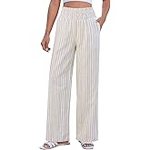 GRAPENT Linen Pants for Women Wide Leg Trendy Pull On High Rise Striped Elastic Smock Waist Beach Vacation Palazzo Pants