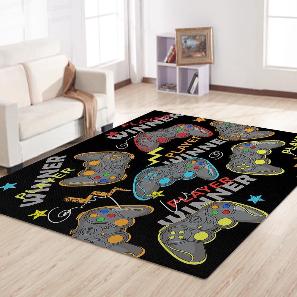 Photo 1 of Gaming Room Carpet Rugs for Kids Teen Boys Bedroom, Gamer Room Decor Area Rug Carpet for Men Teenage, Non Slip Gamepad Gaming Chair Rug Mat for Playroom Wood Floor Living Room Desk, 59"*39"