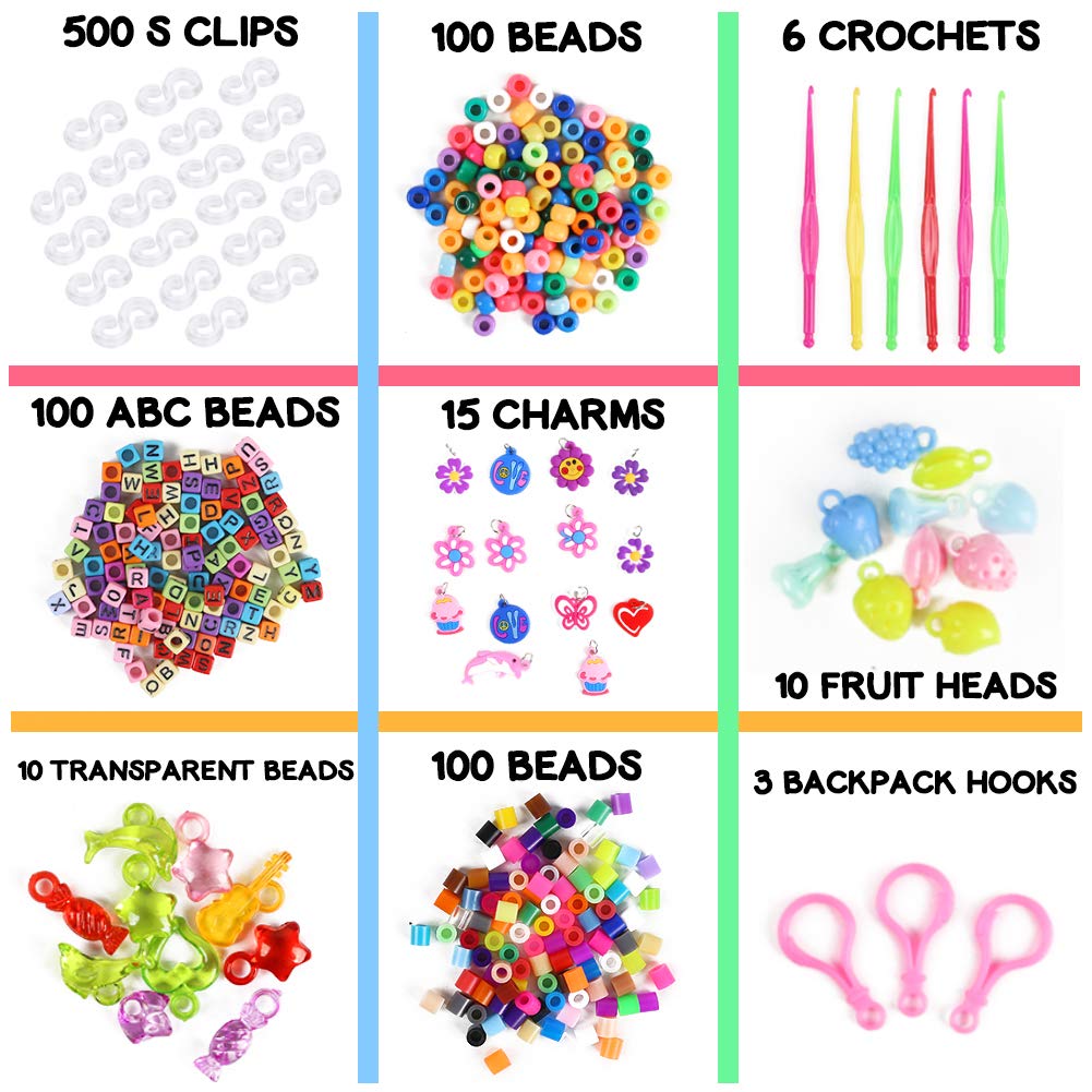 Koogel Colorful Rubber Bands Loom Set Premium Loom Bands 22 Colors,35 Pendants,6 Small Crochets,300 Beads Pack,500 S Buckles, Organizer for DIY Jewelry Dolls Hats Skirts