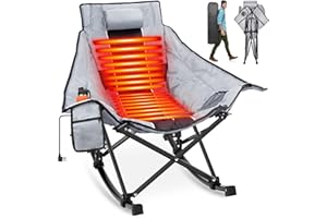Suteck Heated Rocking Camping Chair, XL Oversized Rocking Chair Outdoor with 3 Heat Levels for Back and Seat, Heated Chairs Outdoor Sports for Patio Lawn Picnic Travel, Battery(Not Included)