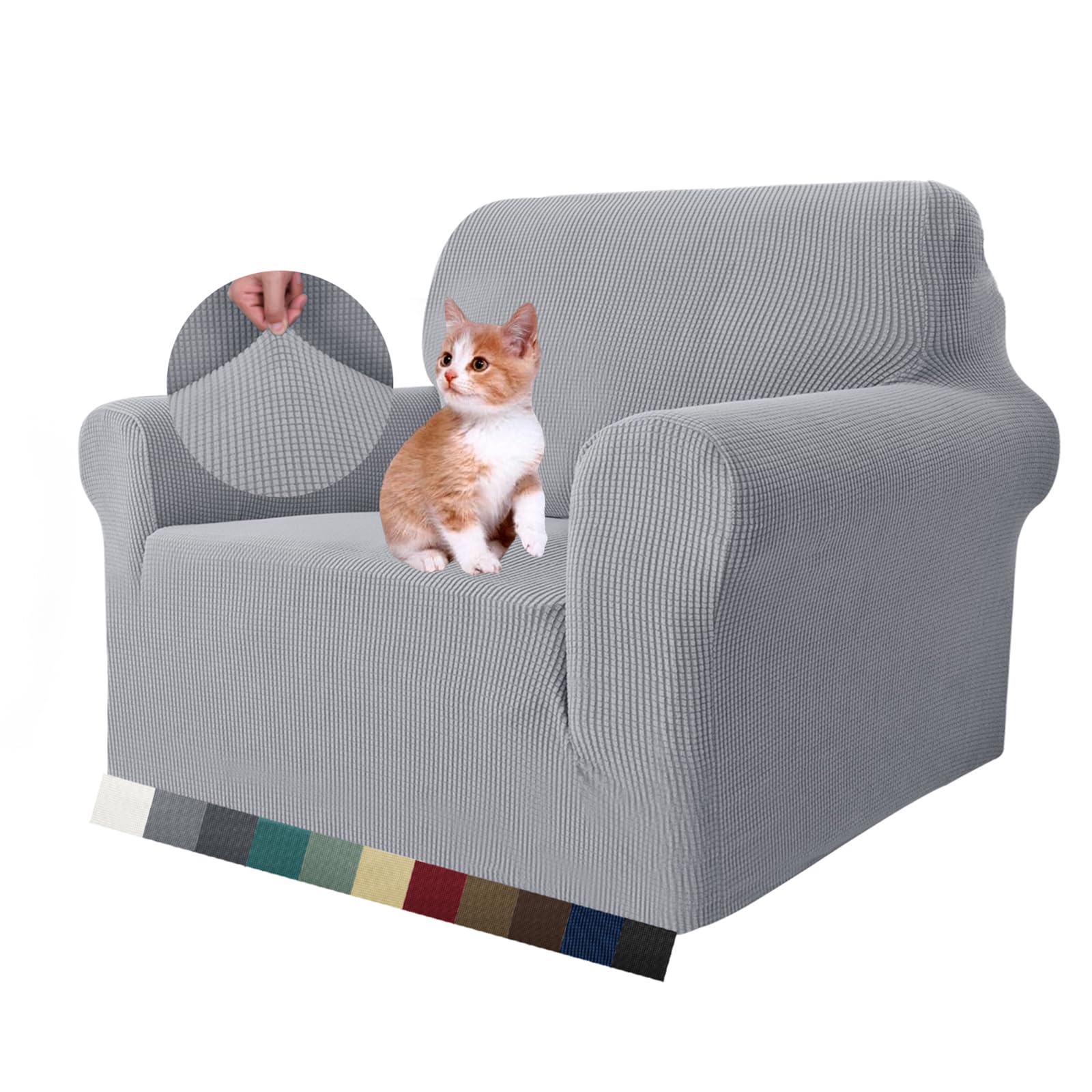 MAXIJIN Super Stretch Chair Covers for Living Room, 1-Piece Universal Chair Slipcover with Arms Jacquard Spandex Chair Protector Dogs Pet Friendly Sofa Couch Armchair Cover (1 Seater, Sliver Grey)