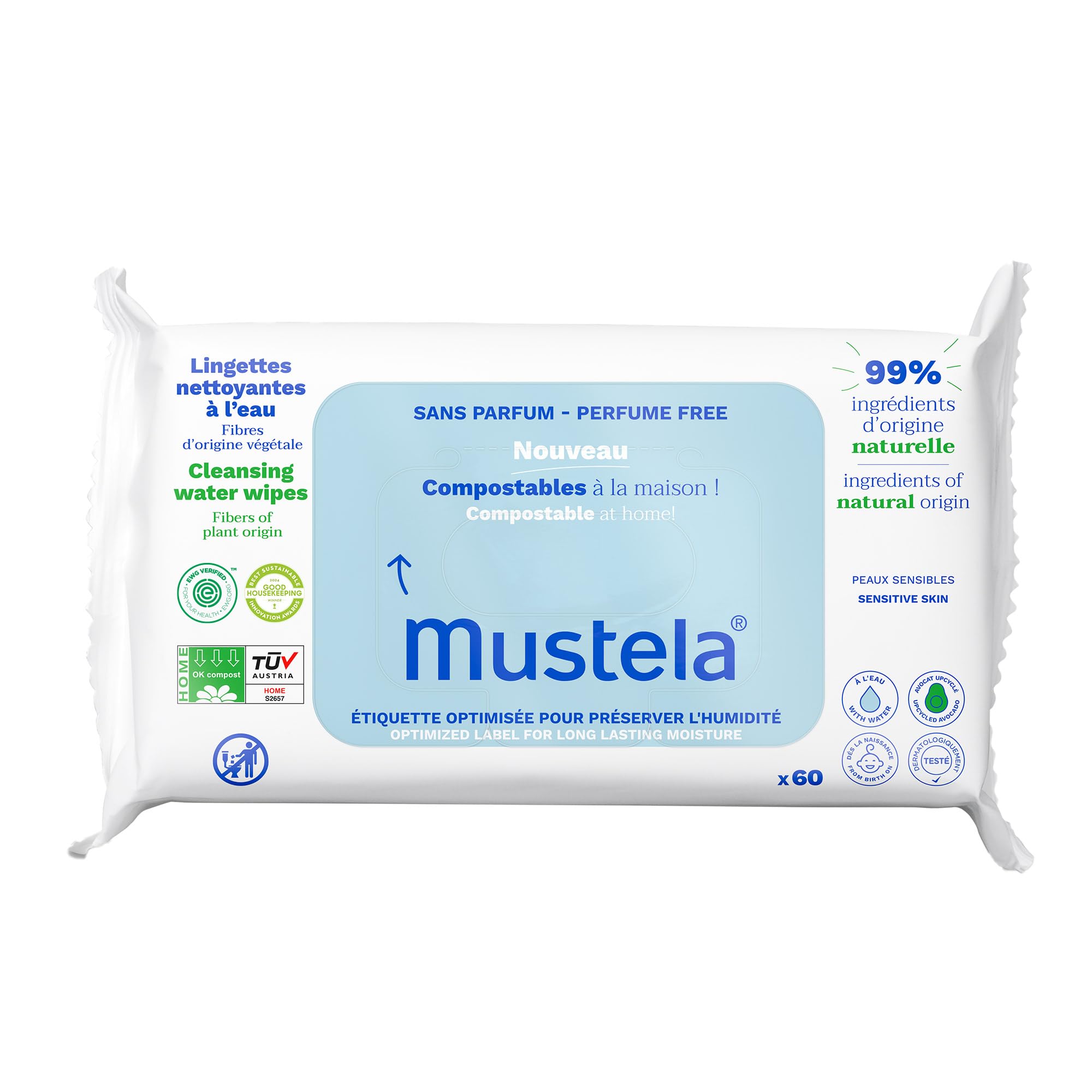 Photo 1 of Mustela Baby Home Compostable Cleansing Wipes - Fragrance Free - Natural Avocado - For Face, Body & Diaper Area - 99% ingredients of natural origin & plant-based fibers - For all skin types - 60 ct.