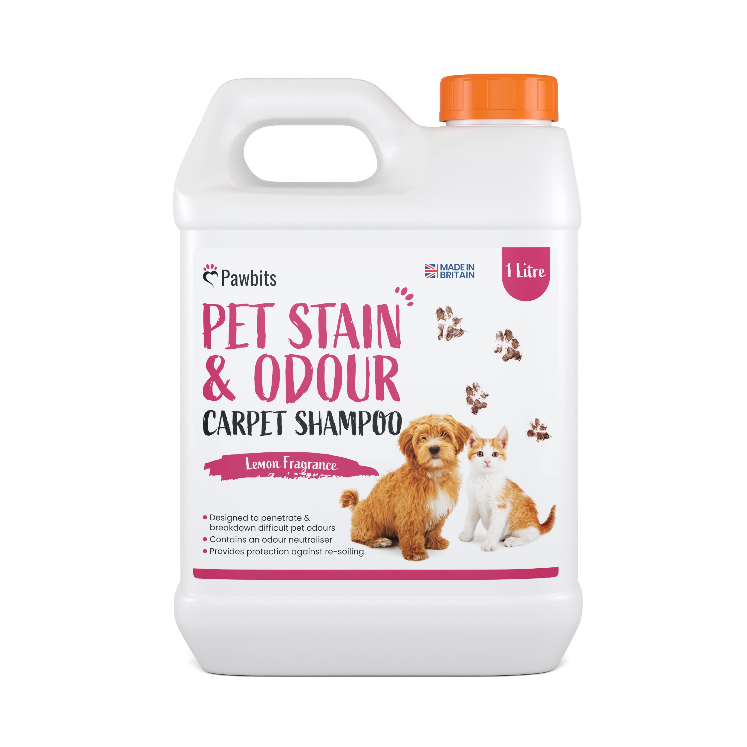 Pawbits Pet Stain and Odour Carpet Shampoo 1L Super Concentrated - Lemon Scented Carpet and Upholstery Cleaner with Odour Neutraliser - Removes Cat Dog or Puppy Urine/Waste Smells, Cruelty Free