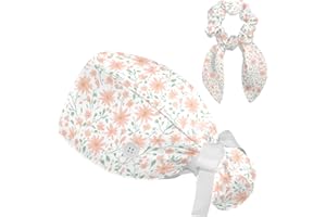 CWAGFEQZ Scrub Caps Women with Button,Adjustable Surgical Caps with Ponytail Pouch,Working Cap with Bow Hair Scrunchy