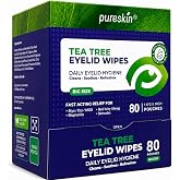 Pureskin Eyelid Wipes with Tea Tree Oil - 80 Eye Lid Cleaning Scrubs for Blepharitis, Demodex, MGD, Stye, Allergy, Dry &amp; Tired Eyes - Refreshing Cleansing with Aloe Vera, Hyaluronic Acid &amp; Vitamin E