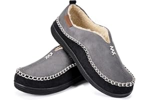 EverFoams Men's Moccasin Slippers Memory Foam Indoor/Outdoor Warm Suede House Shoes with Fuzzy Sherpa Lining