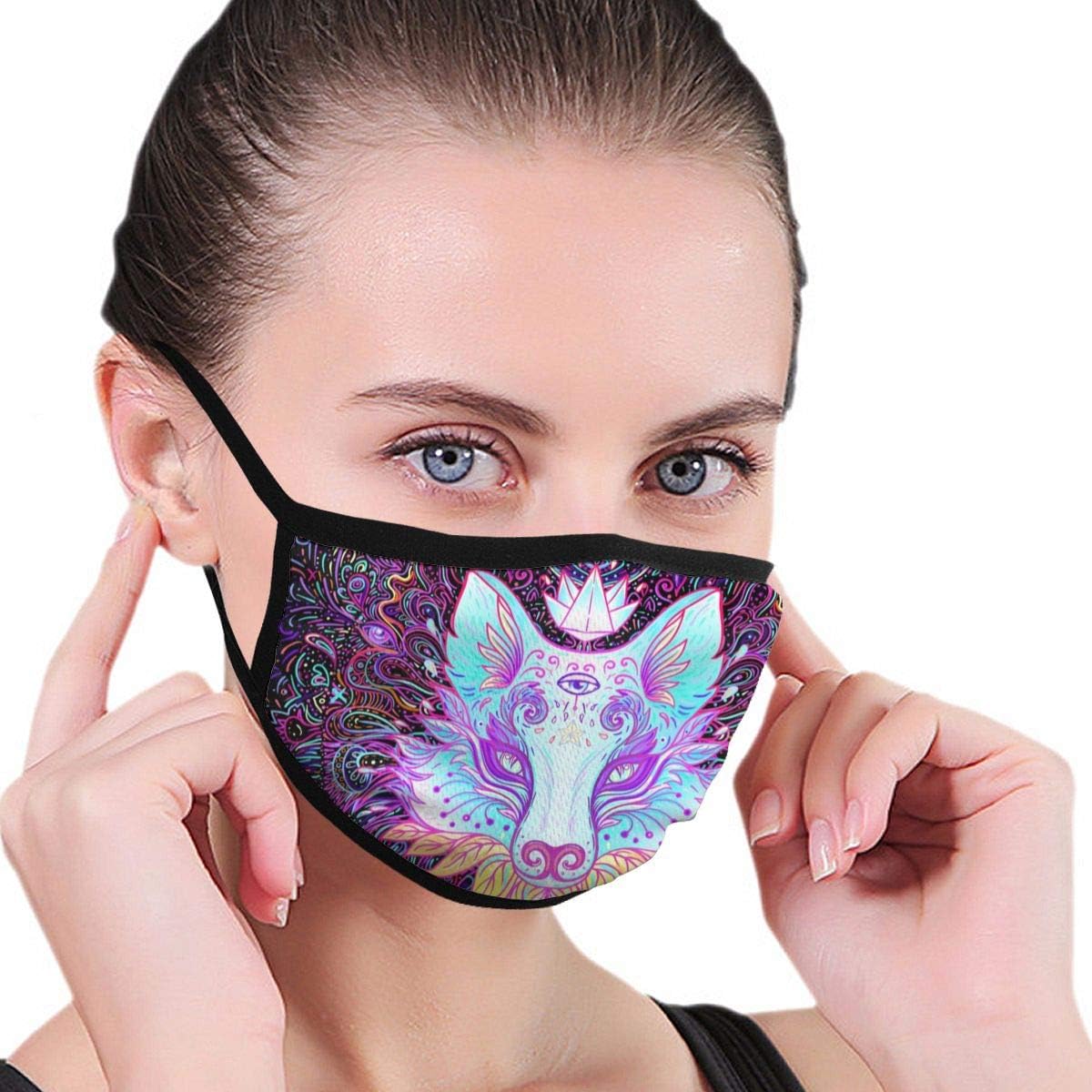Mouth Mask,Cute Fox Face Over Psychedelic Ornate Pattern Mouth Covers, Sanitary Mask, Keep Warm In Cold, Protection From Dust, Germs, Allergies, Smoke, Pollution, Ash, Pollen For Men Women