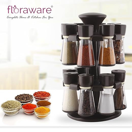 Floraware Plastic Revolving Spice Rack Set, 120ml, Set of 16, Brown at 585 MRP 2199