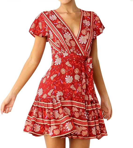 Amazon Co Jp Godtoon ワンピース レディース 夏服 シフォン 花柄 キャミ 細身 膝丈 Vネック セクシー Aライン 体型カバー ふんわり ボヘミア風 きれいめ スカート 夏用 お呼ばれ パーティー ドレス 魅力 旅行 発表会 女子力 ビーチ 旅行 海水浴 Xl レッド 服