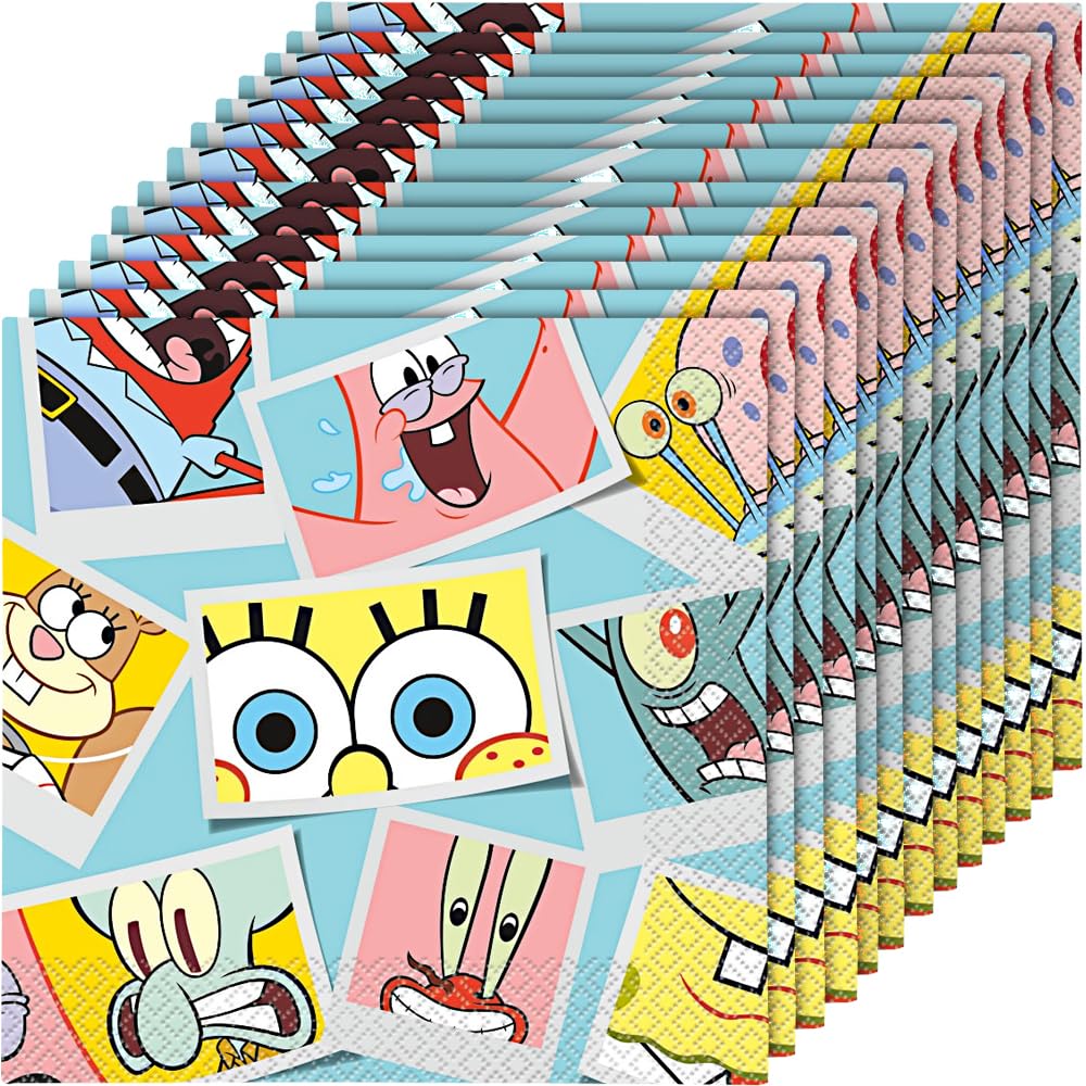 Photo 1 of Unique SpongeBob SquarePants Multicolor Luncheon Napkins (Pack of 16) - Disposable Paper Material - Perfect for Kids Themed Parties & Events
