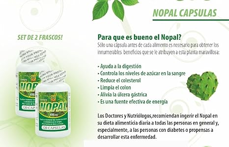 Amazon.com: Capsulas de Nopal. Set de 2 frascos con 120 capsulas c/u. Ayuda a la digestion, controla niveles de glucosa, reduce el colesterol: Health ...