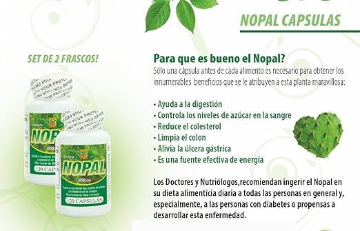 Amazon.com: Capsulas de Nopal. Set de 2 frascos con 120 capsulas c/u. Ayuda a la digestion, controla niveles de glucosa, reduce el colesterol: Health ...