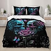 AILONEN Sugar Skull Duvet Cover Set Full Size, 3D Rose Couple Bedding Set, Romantic Flower Comforter Cover Set 3 Pieces, 1 Quilt Cover and 2 Pillowcases (No Comforter)