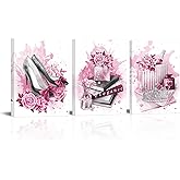 Kalormore Pink Splash Fashion Poster Glam High Heel Shoes Perfume Books Pearl Crown Canvas Prints Wall Art For Girl Bedroom Woman Makeup Room Wall Decoration