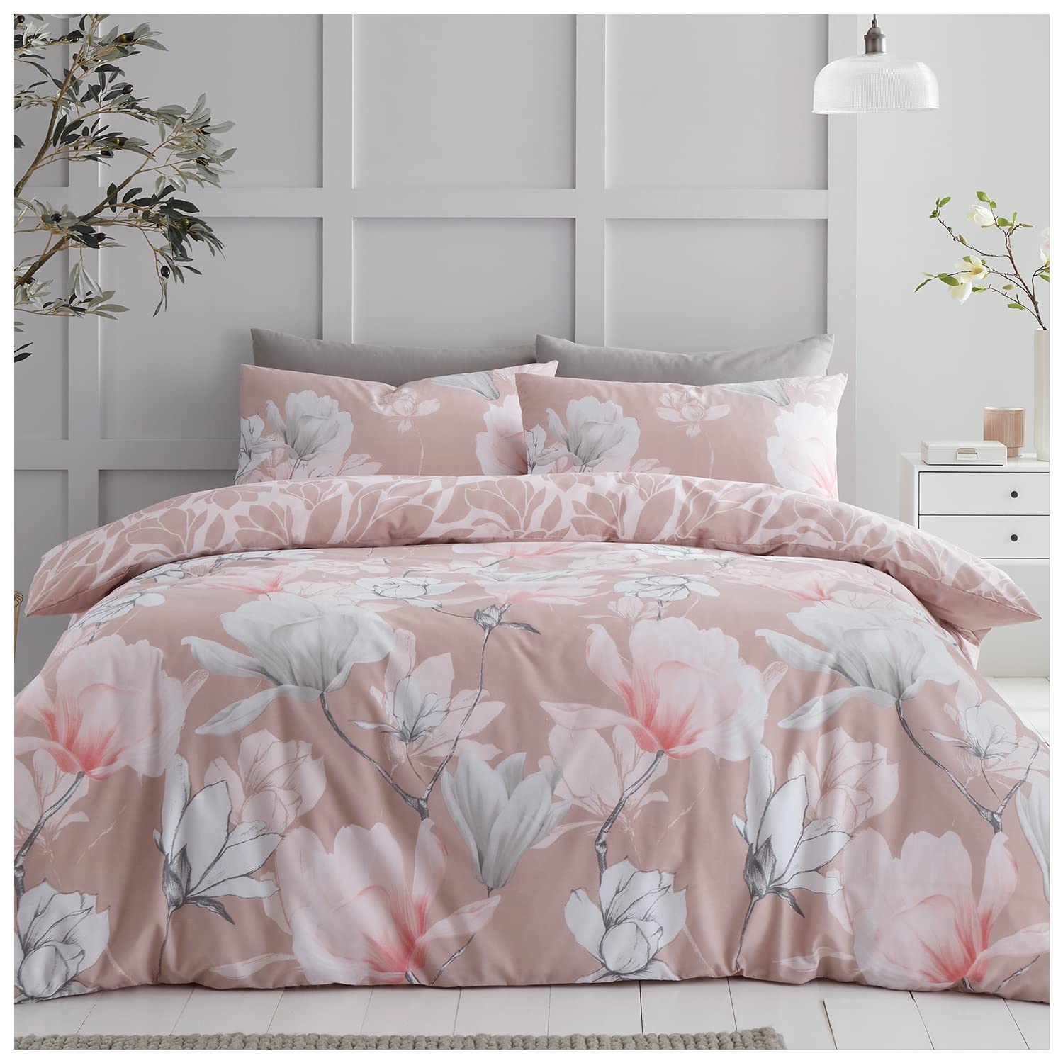 GC GAVENO CAVAILIA Polycotton Reversible Leave Bedding Set, Easy Care Floral Duvet Quilt Cover, Single Bed Covers, Blush Pink-Magnolia Dream (716716)