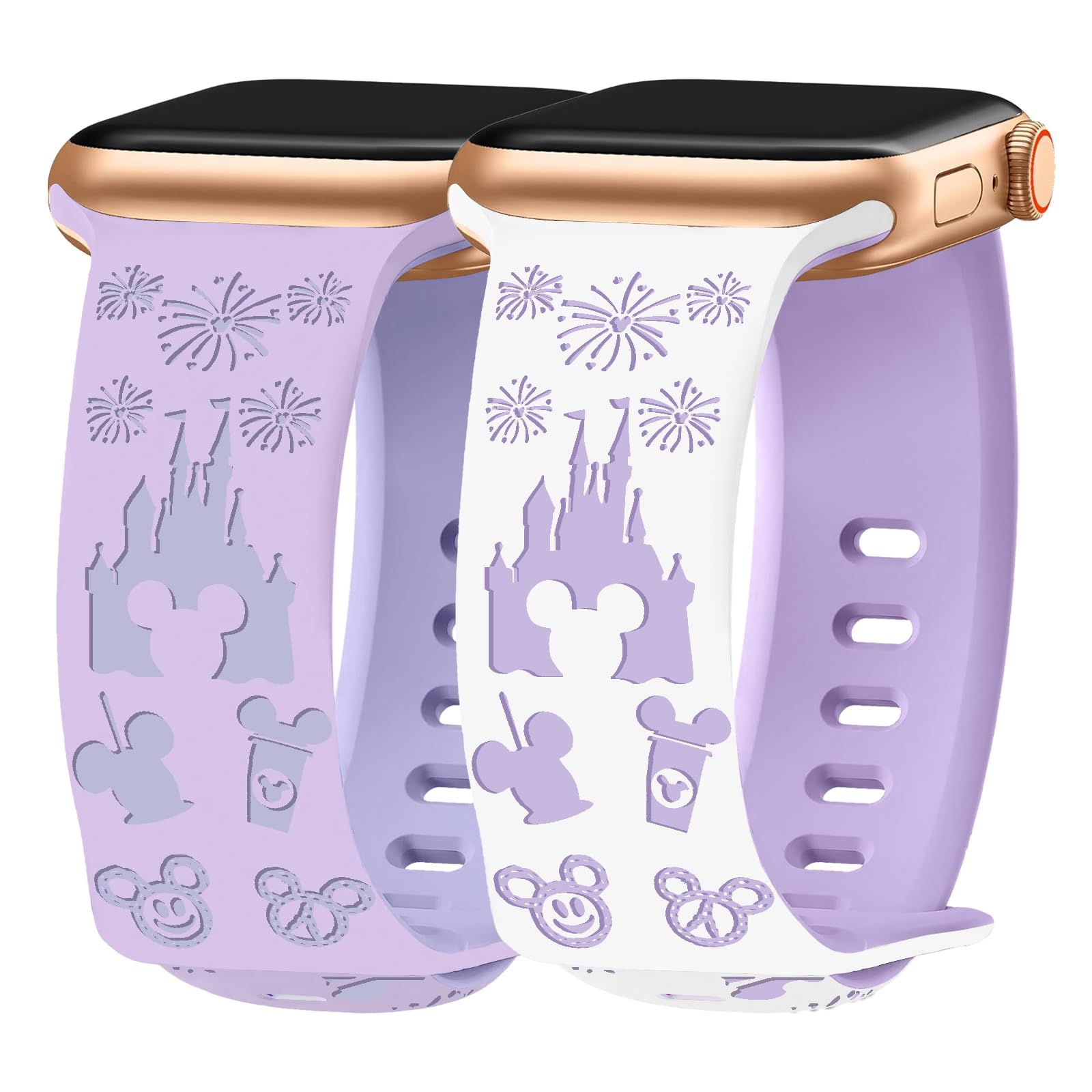 Shesyuki 2 Packs Cartoon Engraved Bands for Apple Watch 38/40/41/42/44/45/46/49mm Women, Two-Tone Cute Soft Silicone Sport Strap for iwatch S10 9 8 7 6 5 4 3 2 1 SE Ultra