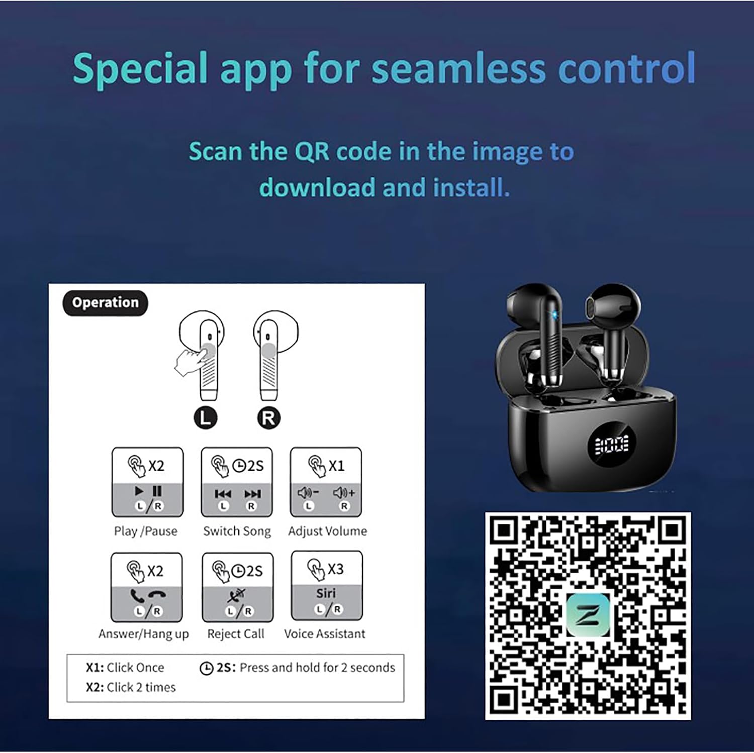 Diagram of Jxrev J53 earbud touch controls