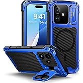 Lanhiem for iPhone 16 Plus Metal Case with Camera Cover & Stand [Compatible with MagSafe] [Built-in Kickstand] [Military-Grade Protection] Heavy Duty Rugged Magnetic Phone Case, (Blue)