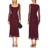 Capuffy Women's Sheer Mesh Long Sleeves Maxi Dress Floral Lace Bodycon Dress Square Neck Mermaid Wedding Guests Dresses 457