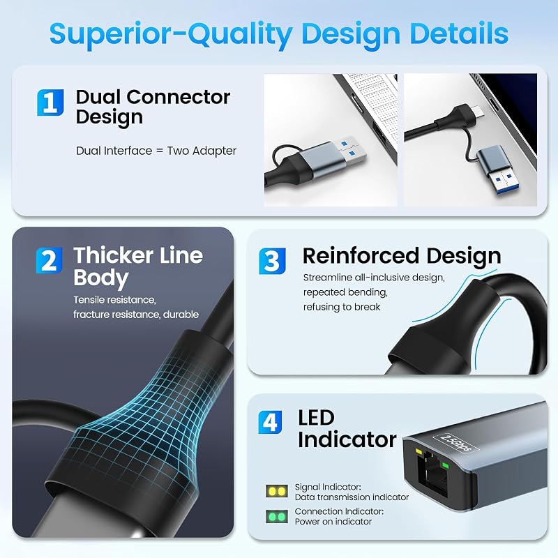 Adaptateur Ethernet USB C,Adaptateur USB Ethernet,2500Mbps 2-en-1 usb-c ethernet,2.5Gbps ADaptateur RJ45 Usb,Thunderbolt vers RJ45 Réseau LAN Compatible avec MacBook,iPad,iPhone,Surface,Windows,Linux — photo 4 sur 6
