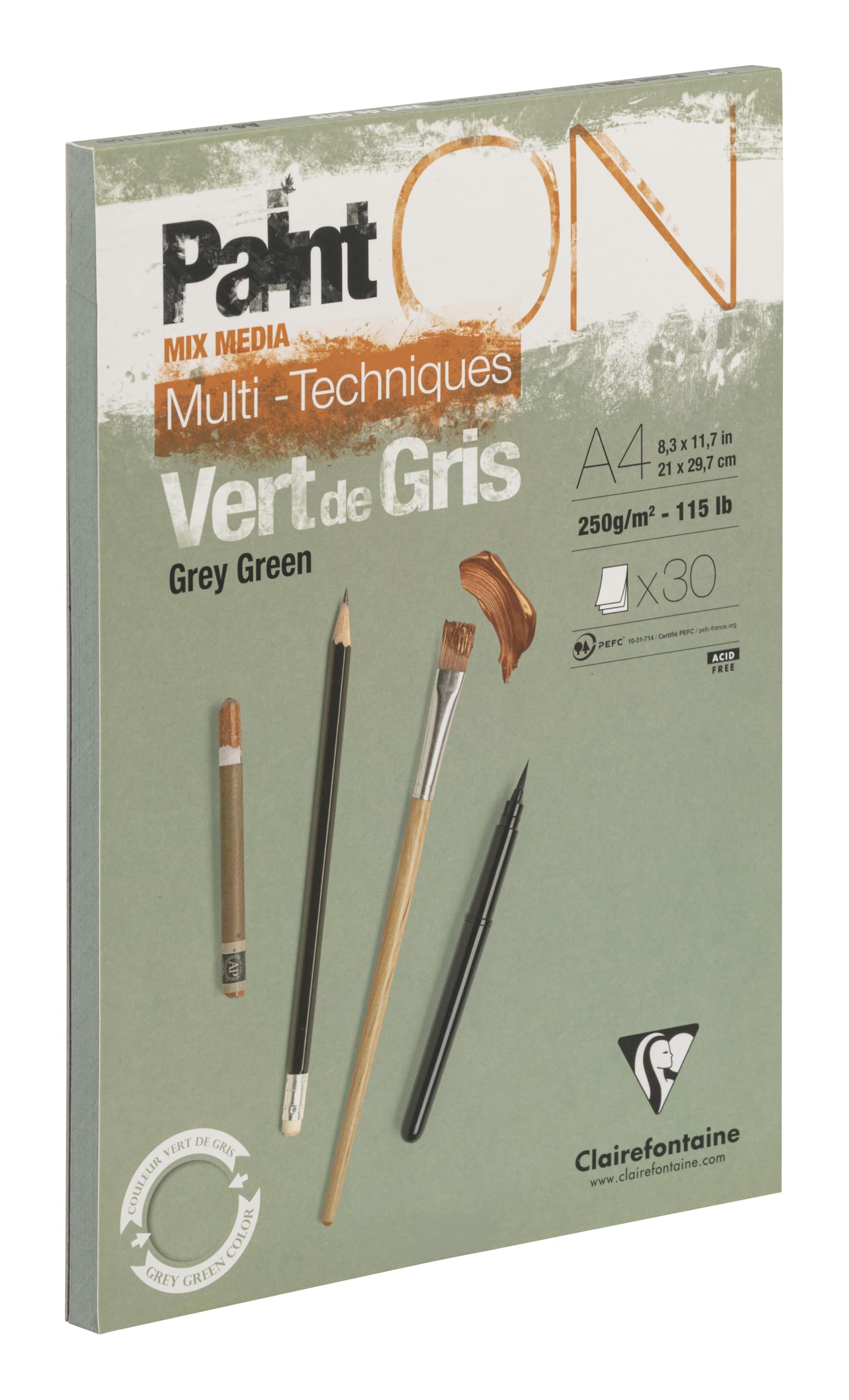 Clairefontaine - Ref 975705C - Paint'ON Multi-Technique Grey Green Glued Paper Pad (30 Sheets) - A4 Size, 250gsm Heavyweight Paper, Slight Rough Grain, Acid Free, pH Neutral