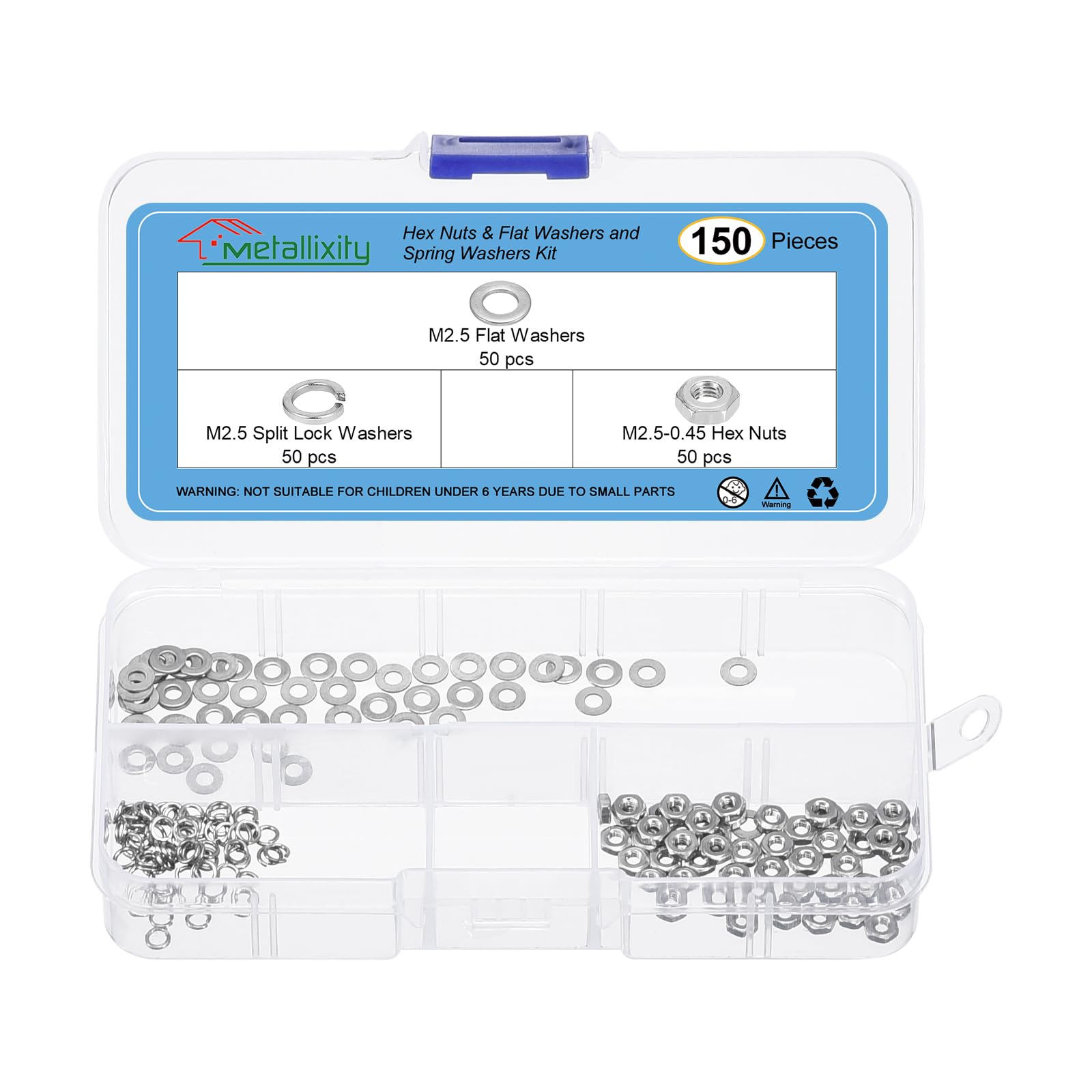 METALLIXITY Hex Nuts Assortment Kit (M2.5-0.45 Hex Nuts with M2.5 Flat Washers & Split Lock Washers) 150Pcs, 304 Stainless Steel Hexagon Nut Hardware Kit