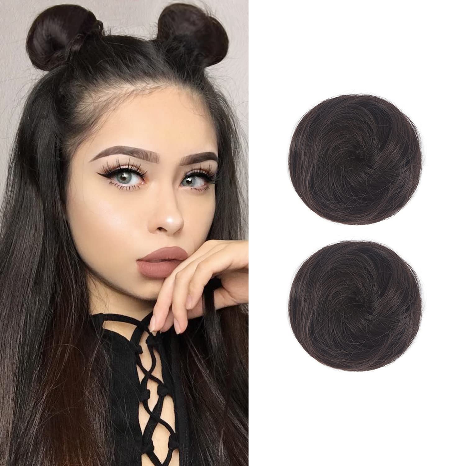 2PCS Mini Claw Fake Buns Straight Hair Bun Extensions Hair Donut Chignon Clip in Scrunchies