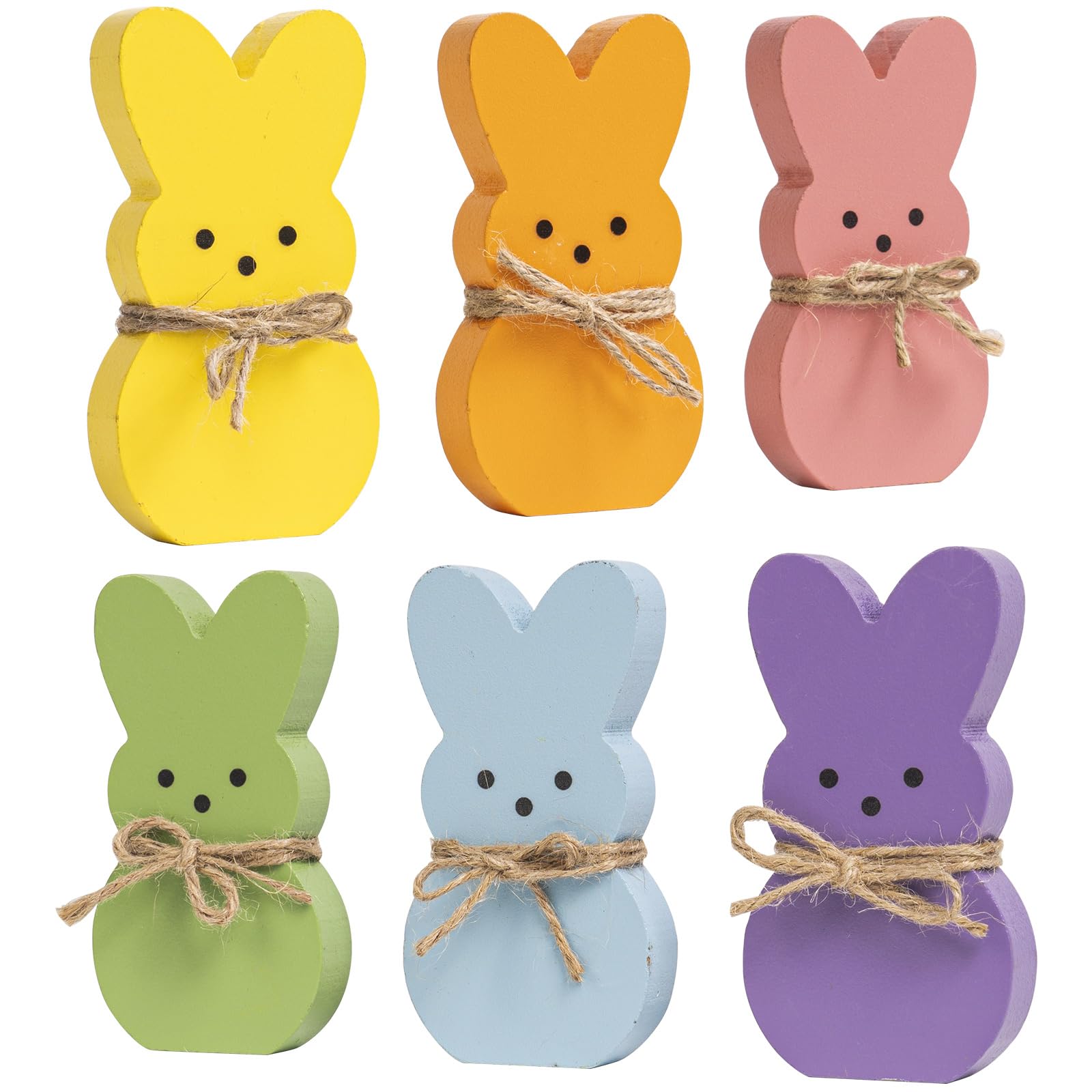 caiydramy 6 Pcs Easter Bunny Decorations for Home Indoor, Wooden Peeps Easter Sign Rabbit Figurines, Spring Living Room Table Centerpiece Mantel Shelf Tiered Tray Office Desk Top Decor Party Supplies