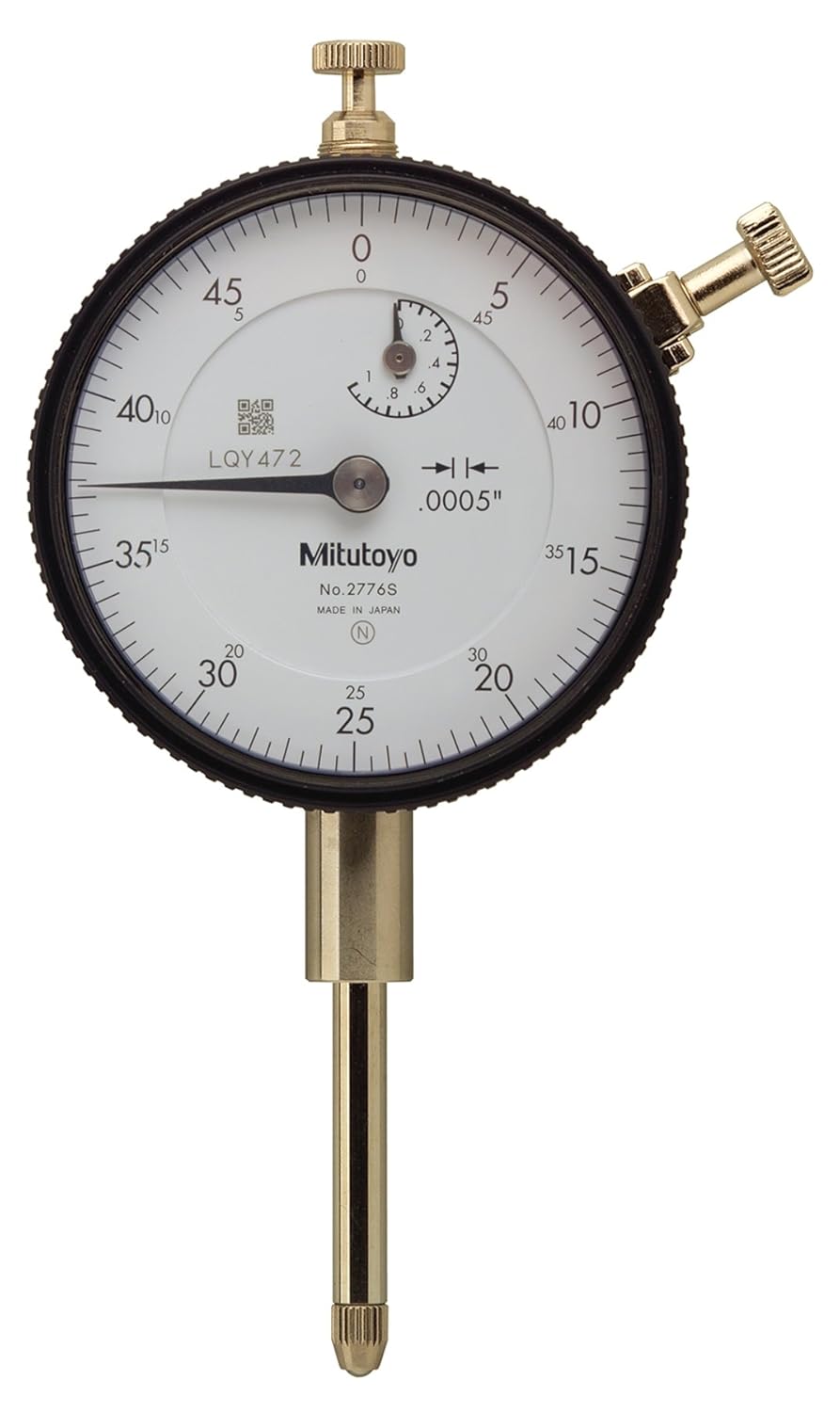 Mitutoyo 2776SB Dial Indicator, 448 UNF Thread, 0.375" Stem Dia., Flat Back, White Dial, 050