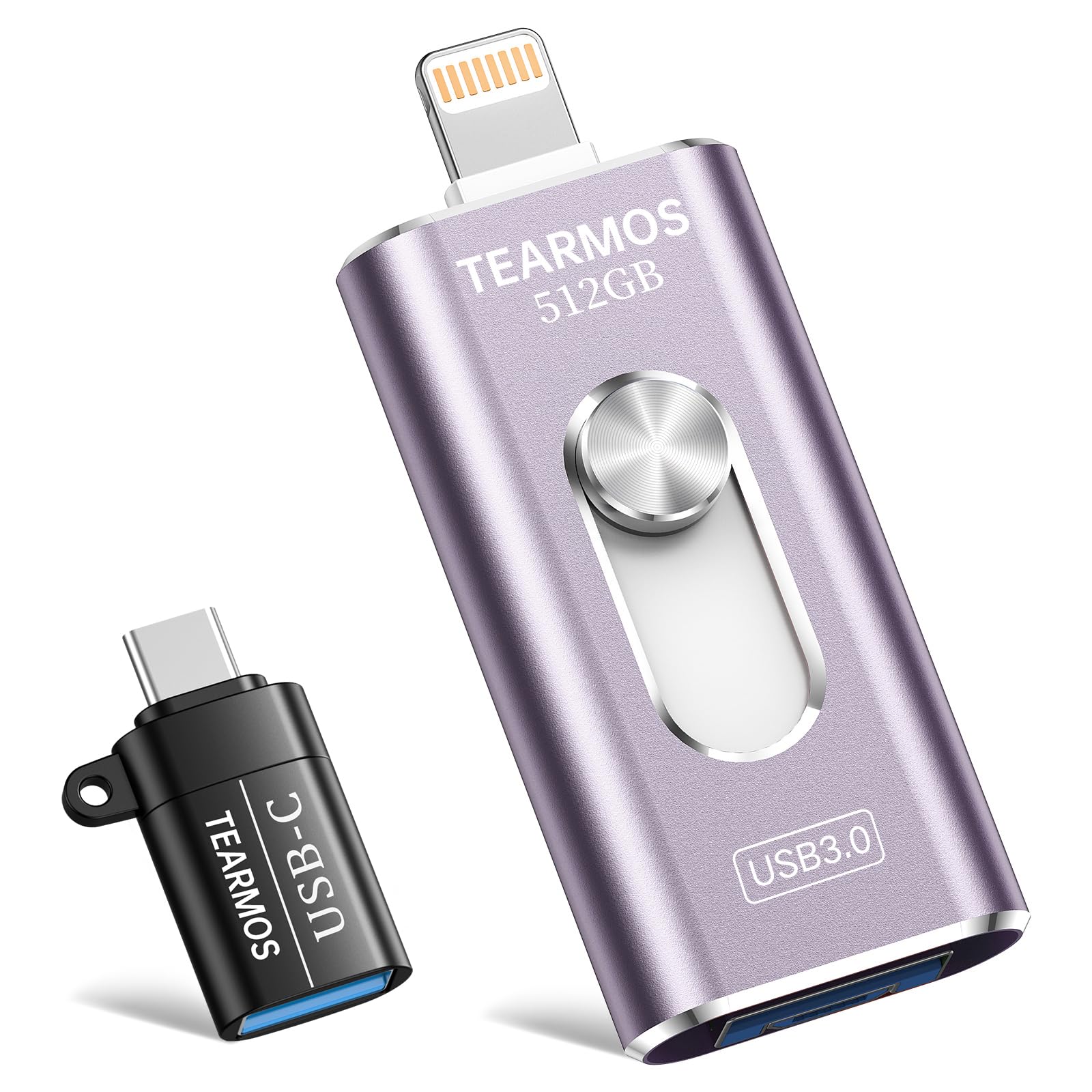 Photo 1 of TEARMOS 512GB USB Flash Drives for Phone, iPhone Memory Storage Stick for Photos and Videos, Compatible with iPhone iPad Android PCs, No App Required Plug & Play (Light Purple)