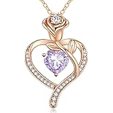 LOUISA SECRET Rose Flower Heart Birthstone Necklaces for Women, 925 Sterling Silver Fine Jewelry, Pendant Heart Necklaces Birthday Anniversary Christmas Gift for Women Wife Mom Girlfriend Lady
