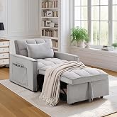 GEEVIVO 35-inch Pull Out Sofa Bed, Modern Tufted Velvet 3 in 1 Convertible Sleeper Sofa Chair with a Pillow for Small Space, Living Room, Apartment, Bedroom, Grey