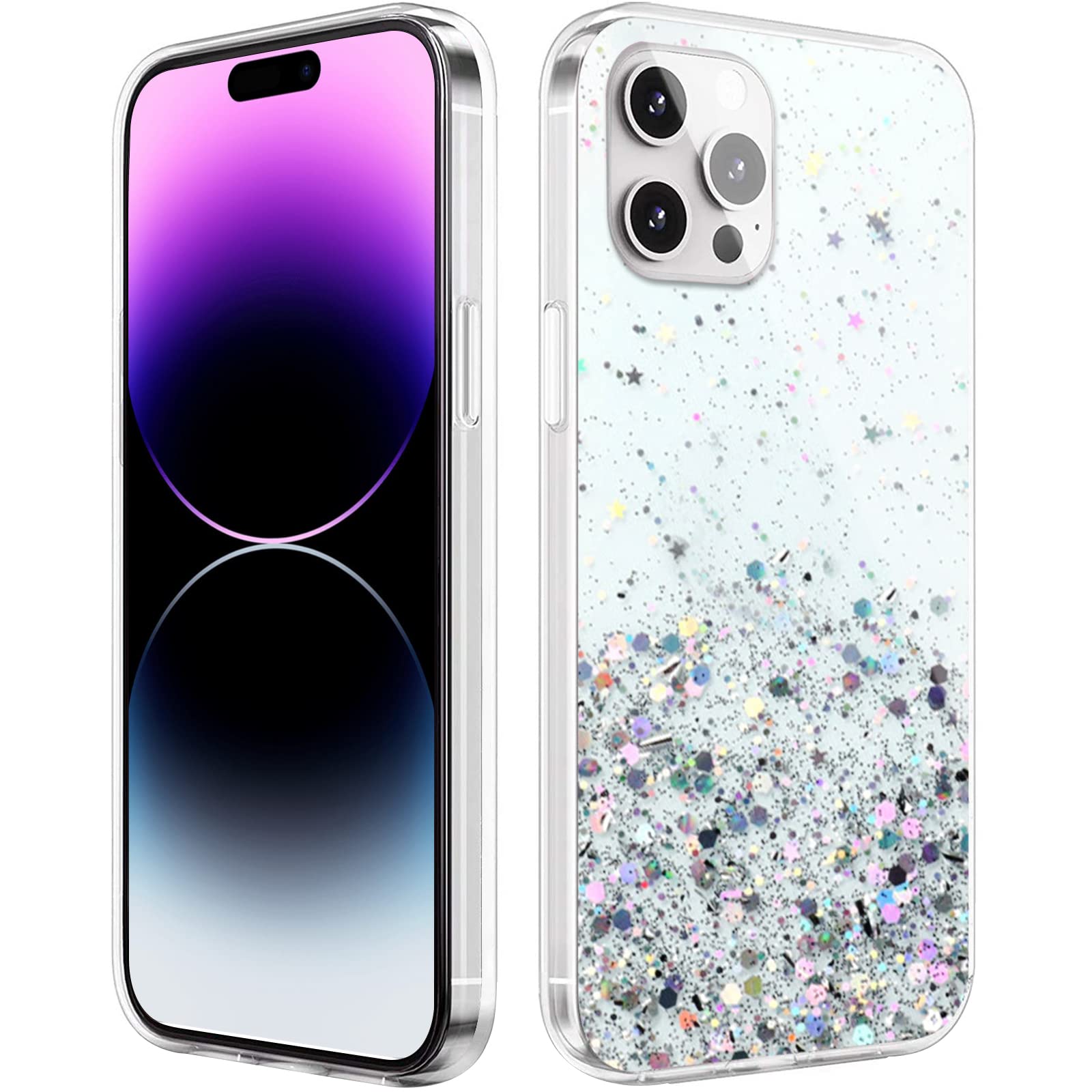 Monsully Glitter iPhone 14 Pro Case Sparkle, Sparkle Bling Bling Protective Case Clear TPU Bumper Silicone Case Shockproof Colourful Case Cover for iPhone 14 Pro (Silver)