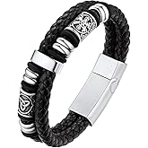 Bestyle Genuine Men Leather Bracelets Fashion Stainless Steel Celtic Beaded Wristband for Men, Size 7.5/8.3/9.1/9.8Inch Men Bracelet, Message Card Offered