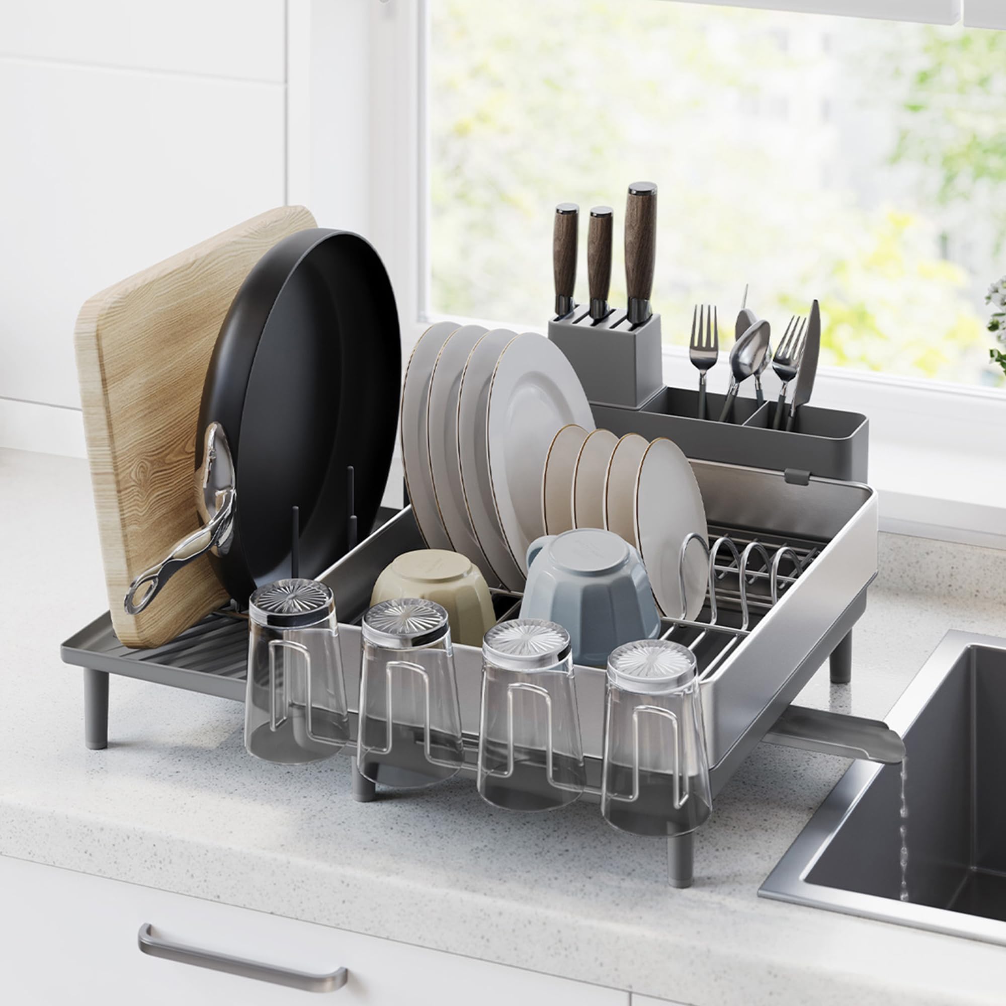 Photo 1 of (SEE NOTES) SONGMICS Large Dish Drying Rack, Expandable Dish Dryer for Kitchen Counter, Stainless Steel Dish Rack with Rotatable Spout, Utensil, Cup, Glass, Cutting Board, Pan Holders, Silver and Gray UKCS037G01