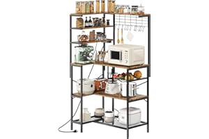 iabifo L-Shaped Bakers Rack with Power Outlet, 6-Tier Microwave Stand with Open Storage, Coffee Bar with Hooks, Mesh Grid, Kitchen Shelf with Wire Basket, Rustic Brown and Black
