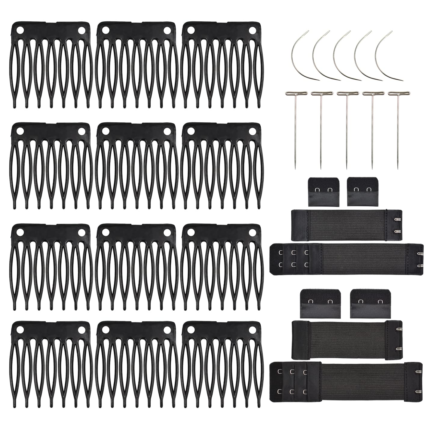 50 Pcs Wig Combs 7-teeth Plastic Wig Clips with 2 Pcs Black Elastic Band 5 Pcs T Pins and 5 Pcs C Curve Needles Sewing for Making Wigs
