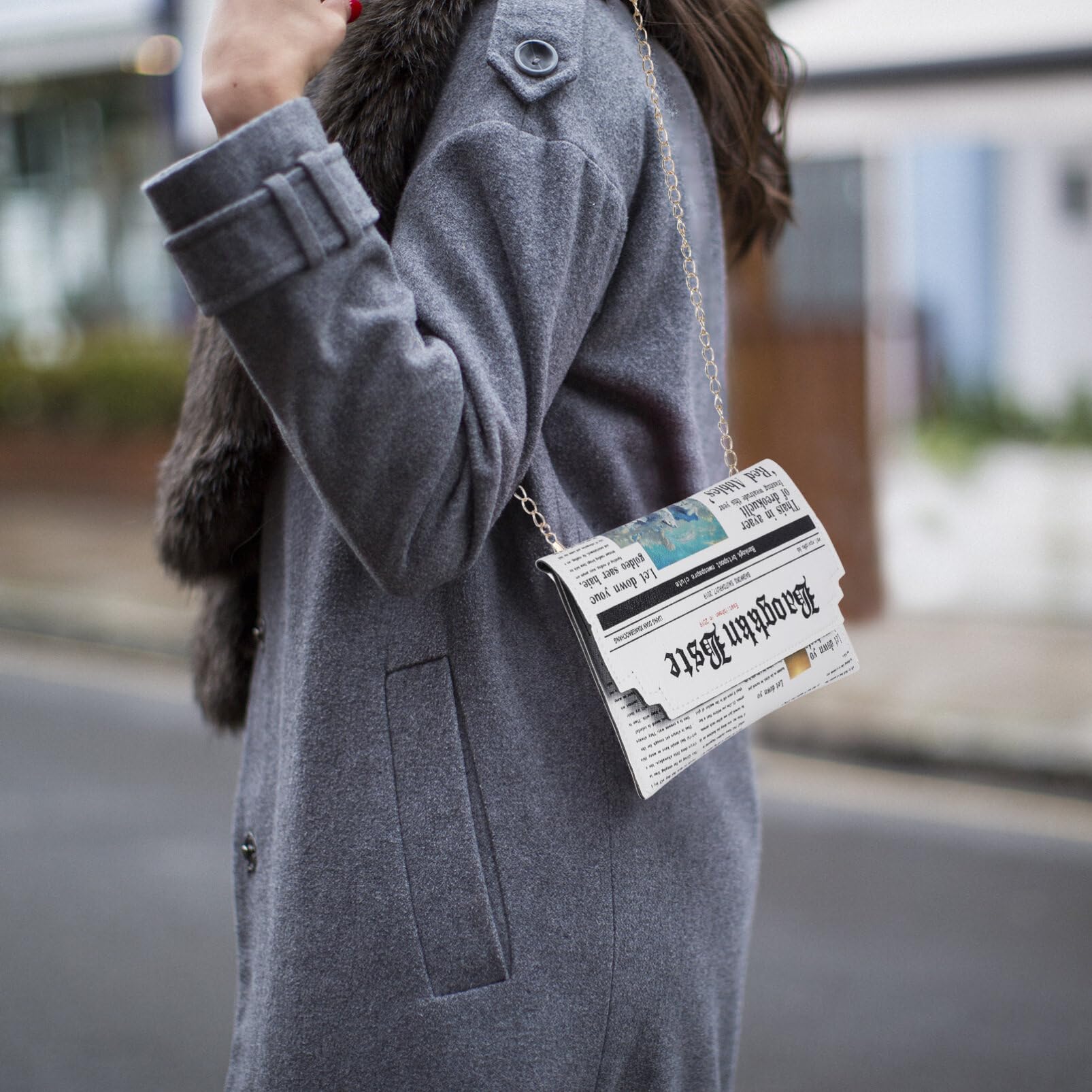 Moderne Pu Leder Umhängetasche Für Damen Mit Zeitungsdesign Multifunktionale Schultertasche Mit Kette Als Einkaufstasche Für Kleine Gegenstände