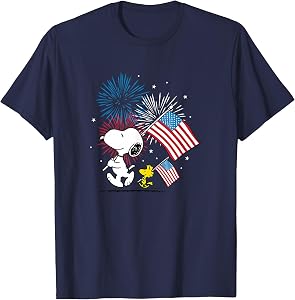Peanuts - Snoopy & Woodstock American Flags & Fireworks T-Shirt