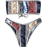 ZAFUL Women Strapless Ribbed High Cut Bandeau Bikini Lace Up 2 Pieces Swimwear
