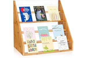 Listeadio 5 Tier Bamboo Greeting Card Display Stand, Durable Stylish Showcase Organizer with High-Transparency Panels for Vendors Table Shows