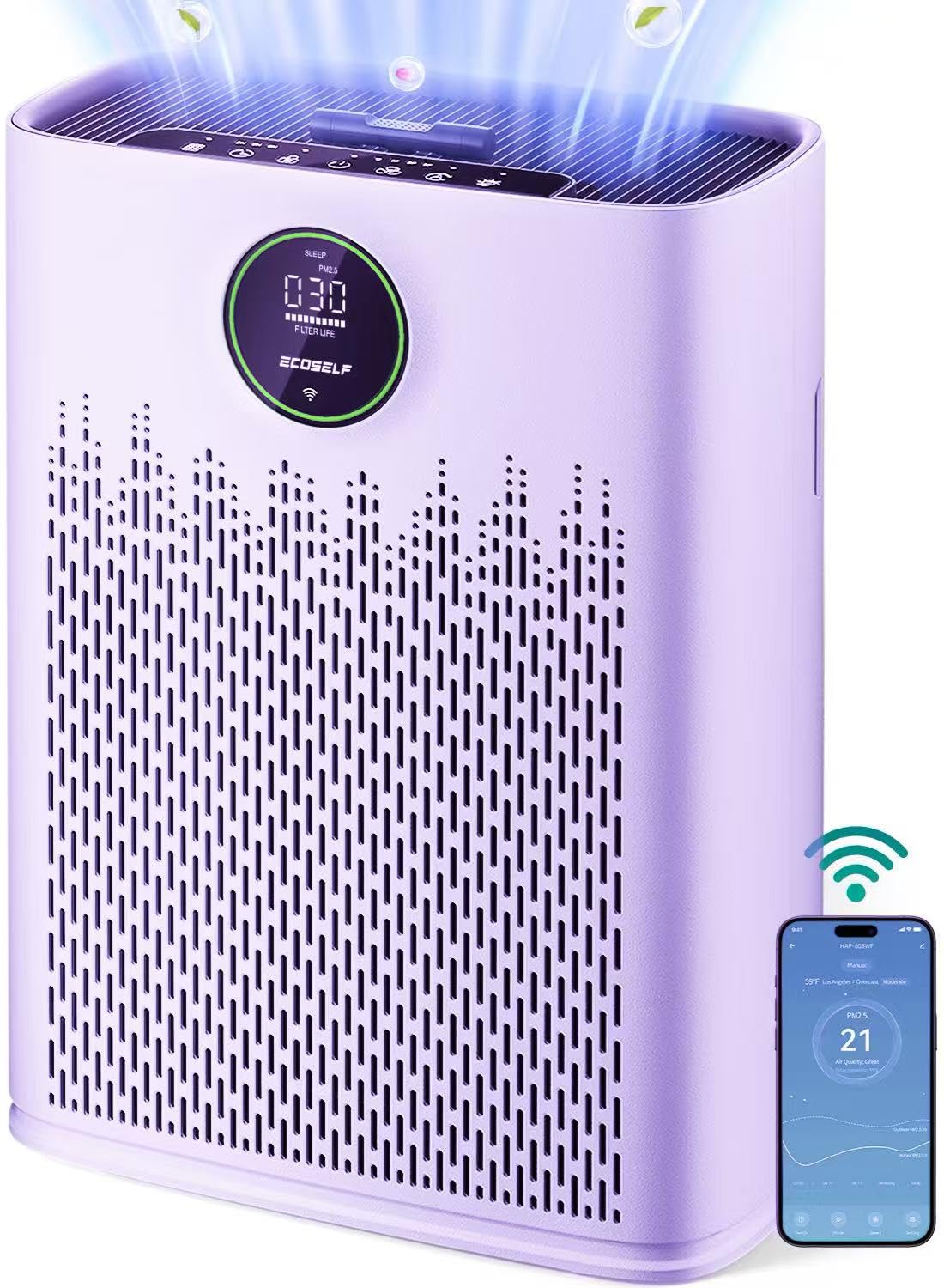 Photo 1 of ECOSELF Smart Air Purifier for Home Large Rooms, with WiFi Control, Covers Up to 2400 Ft², Smart Mode, AQI Display, 22dB Sleep Mode & Aromatherapy with 2X-Power Filtration, HAP603WF, Bright White