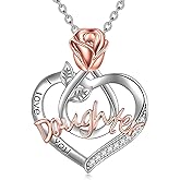 POPKIMI Gifts for Daughter Sterling Silver I Love You Daughter Necklace with Rose Flower